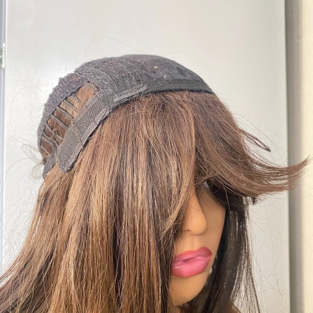 Chocolate Brown Wavy Long Wig with bangs 26”